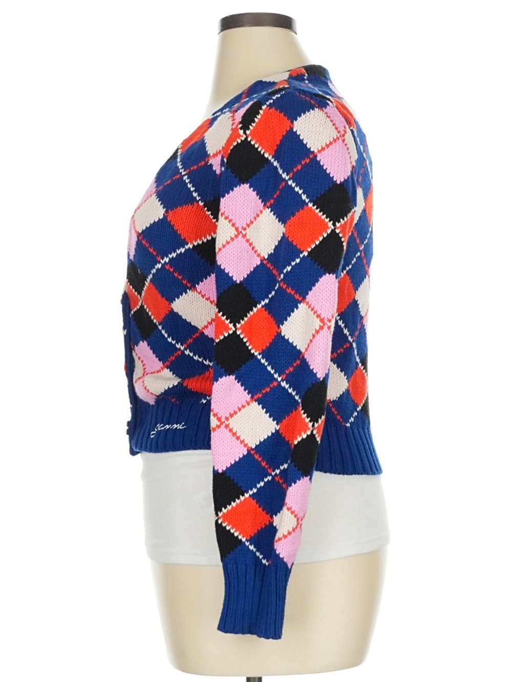 Ganni Blue Argyle V-Neck Cardigan with Pink and Red Accents - Picture 10 of 14